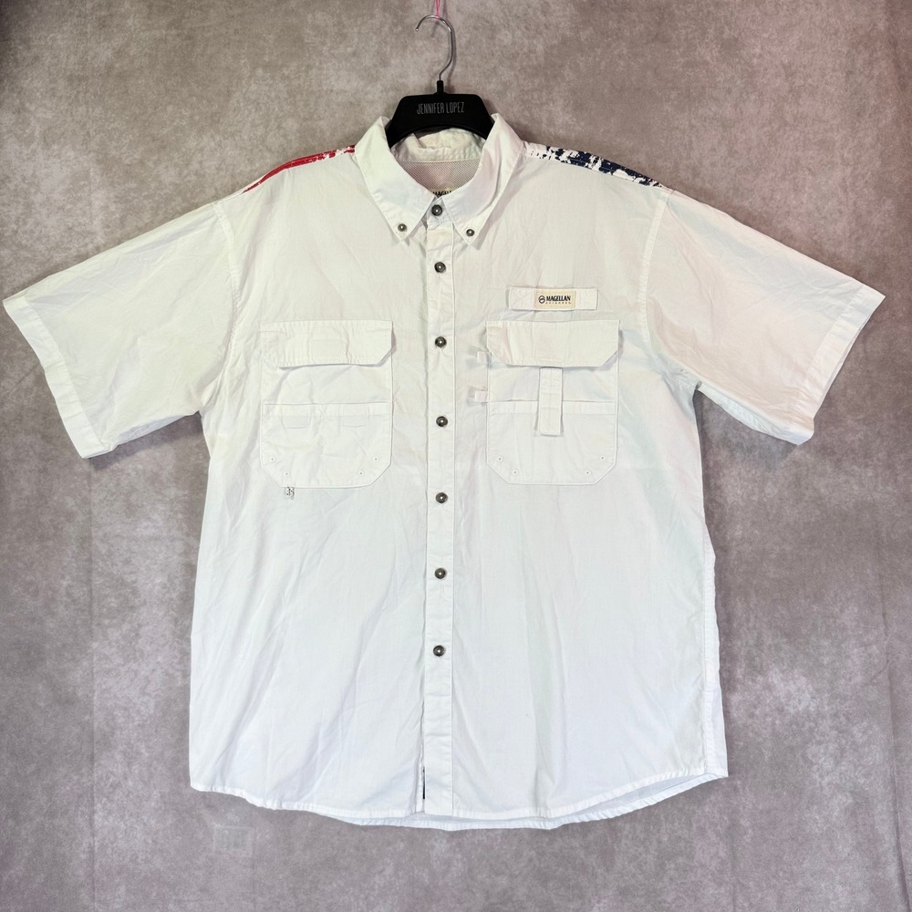 Magellan Outdoors Shirt Mens L Lake Fork White American Flag Fish Gear  July 4th